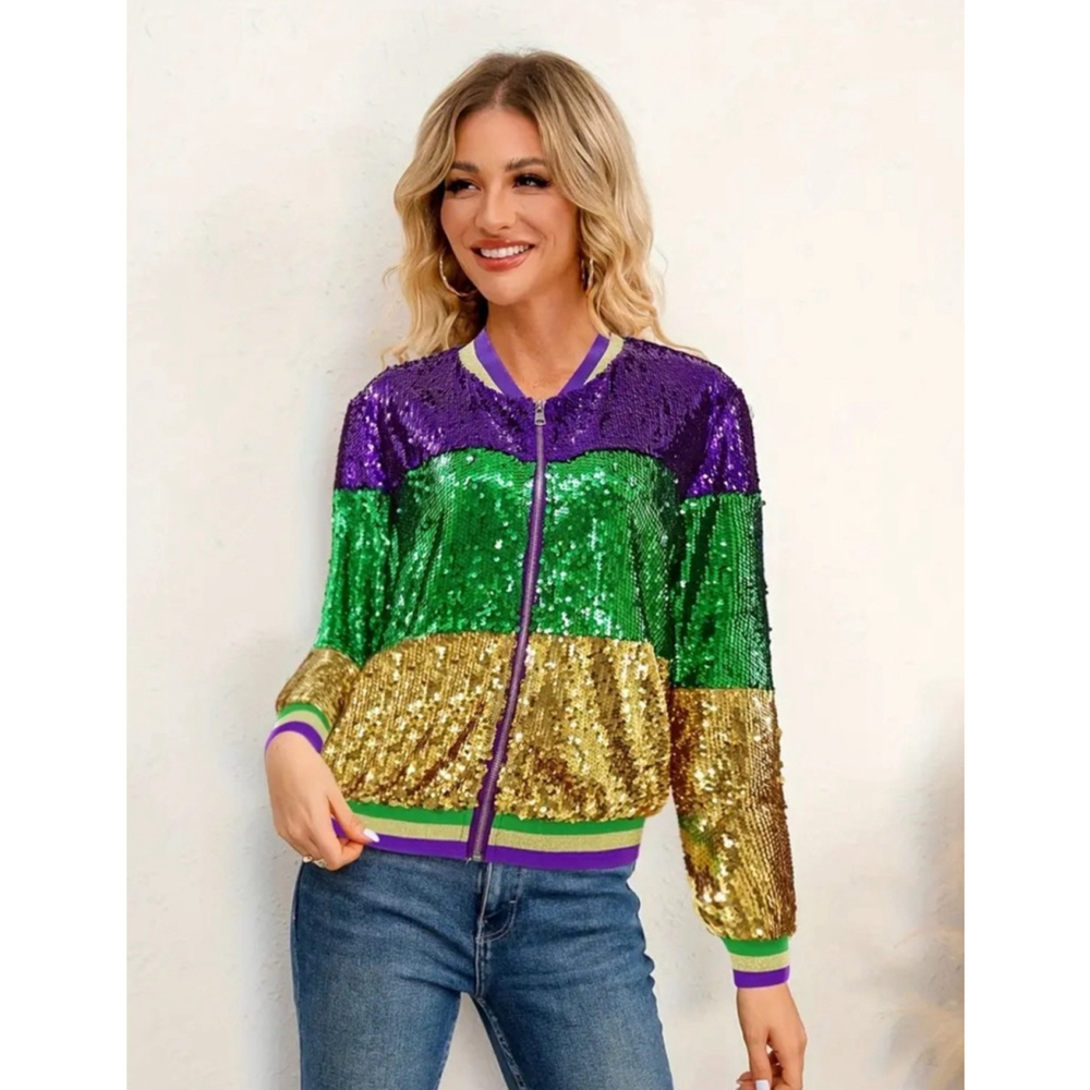 Mardi Gras Colorblock Sequins Zip Up Jacket